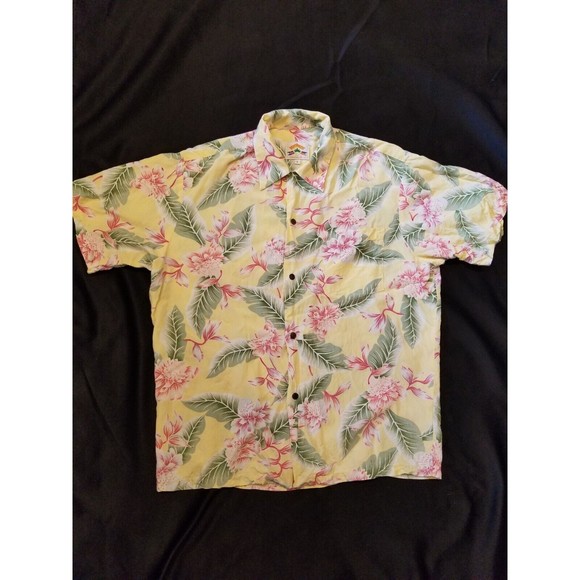 VTG Pineapple Juice Aloha Hawaiian Rayon Shirt Men Large Yellow Floral Flowers L - Picture 1 of 12